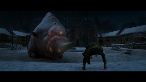 Ньют Саламндер и Якоб Ковальски загоняют носорога в чемодан